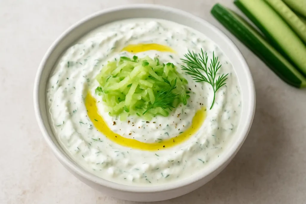 Tzatziki crémeux maison avec concombre râpé, aneth et huile d’olive, servi bien frais