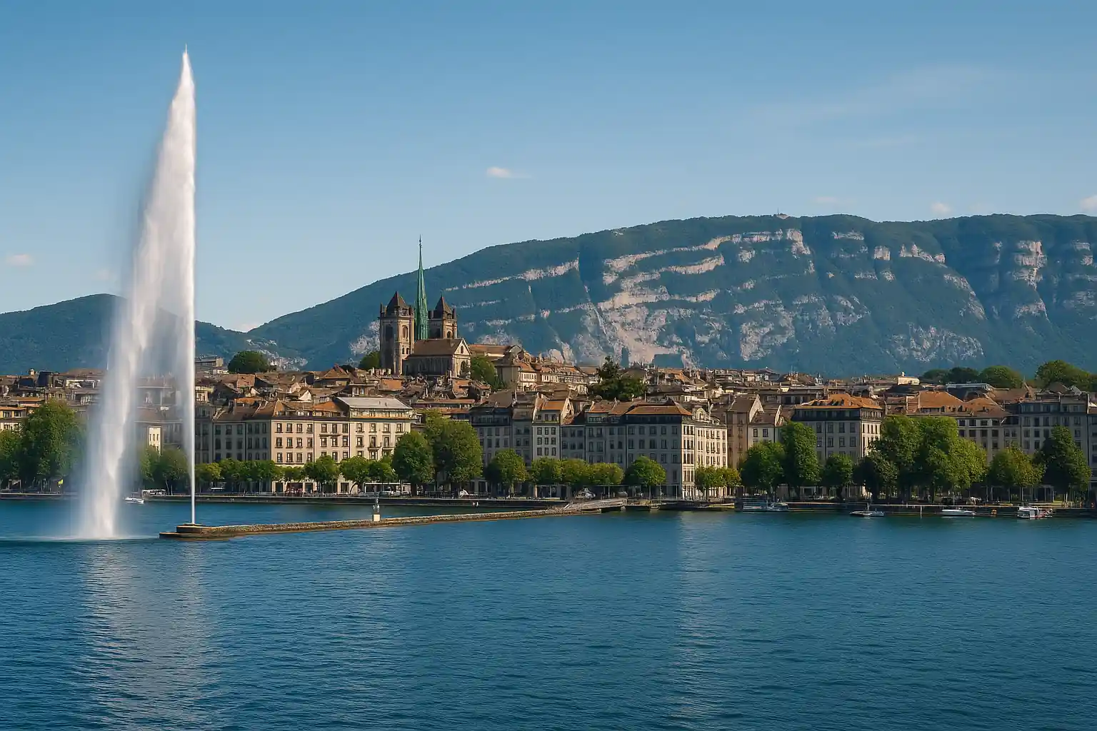 Visiter Genève : incontournables & bons plans 2025 1 Vue panoramique de Genève avec le Jet d’Eau sur le lac Léman et les montagnes en arrière-plan