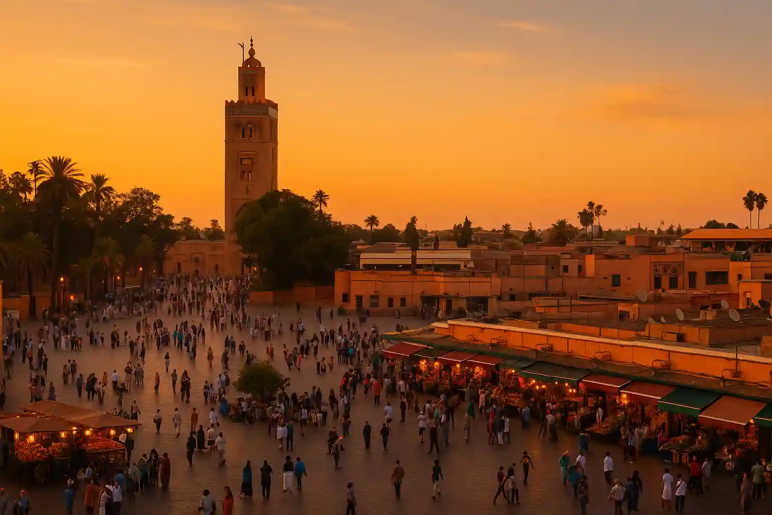 Image de la ville de Marrakech avec Jemaa el-Fna et la Koutoubia au coucher de soleil