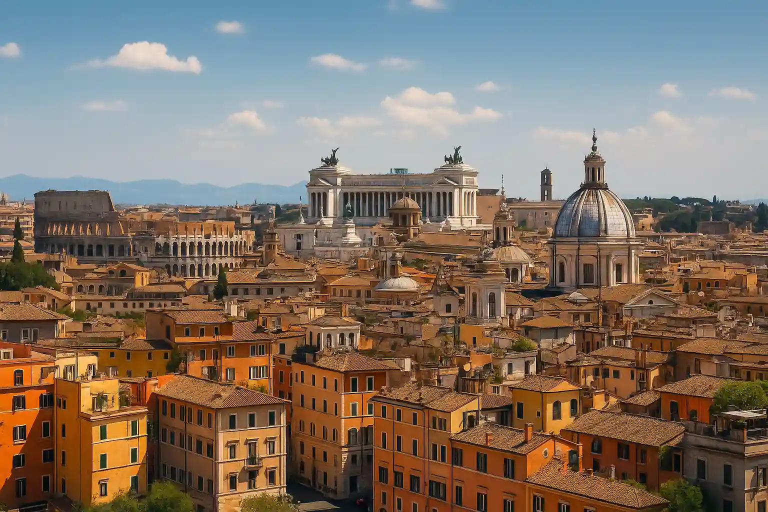 Visiter Rome : les incontournables & bons plans 2025 1 Vue panoramique de Rome en plein jour avec monuments et toits colorés