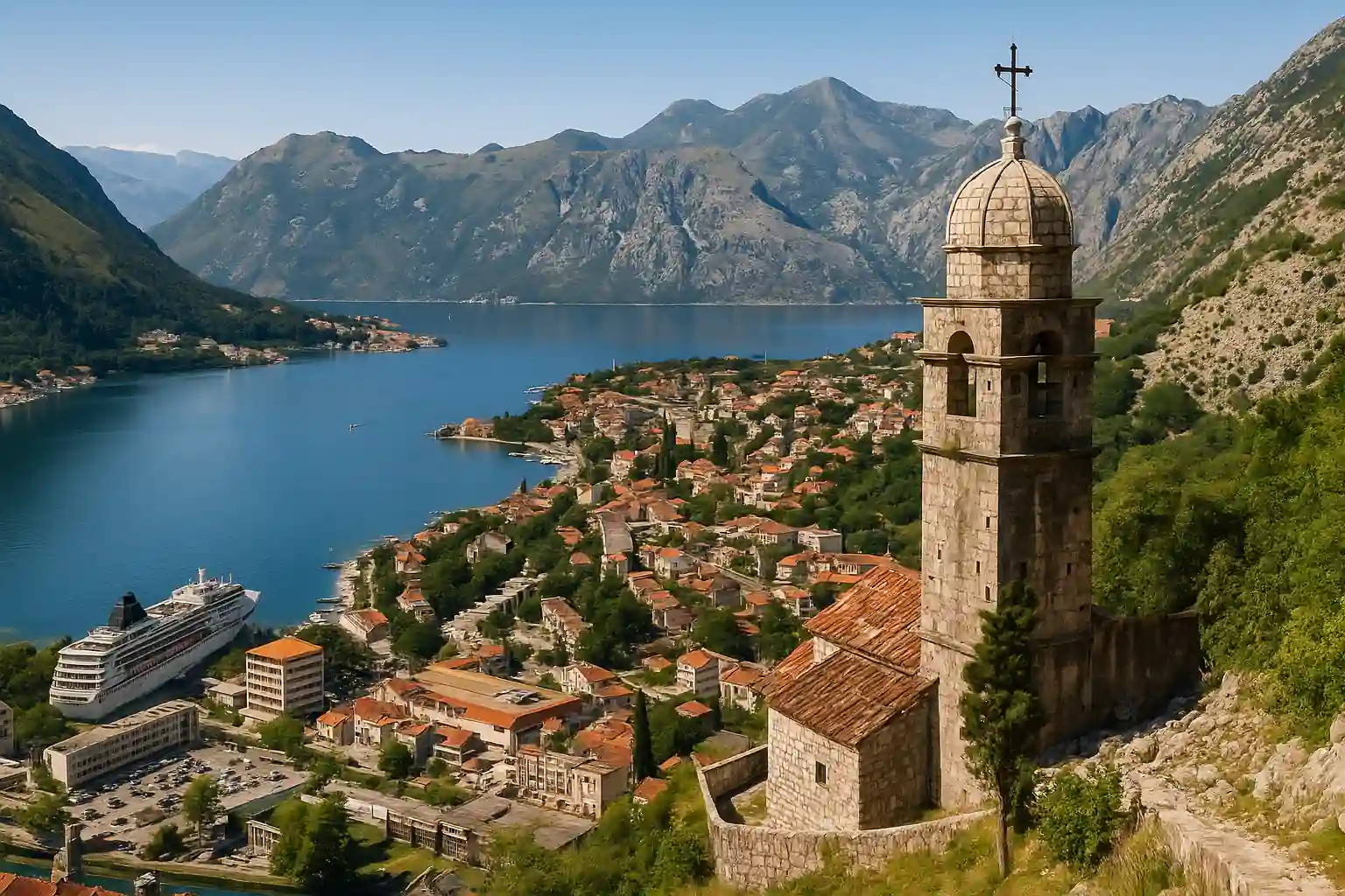 Voyage au Monténégro 2025 : baie de Kotor avec montagnes, clochers et village côtier