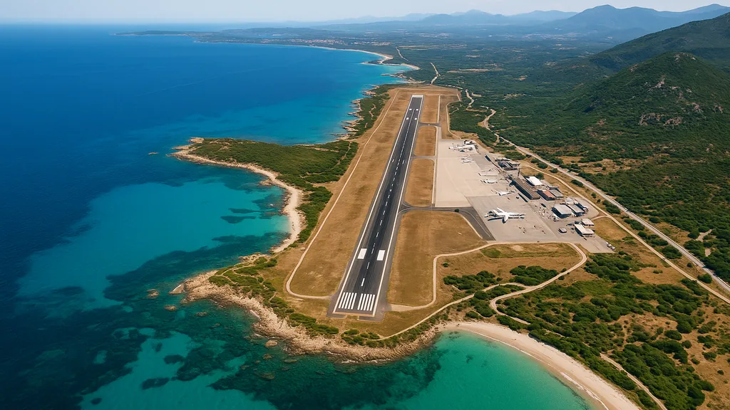 Aéroport Sardaigne – quel aéroport choisir selon votre séjour 1 Vue aérienne d’un aéroport côtier en Sardaigne, mer turquoise et reliefs méditerranéens sous ciel clair.