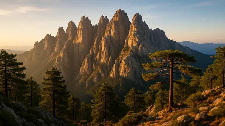 Aiguilles de Bavella au lever du soleil, granit dentelé et pins laricio, vue depuis le col en été.