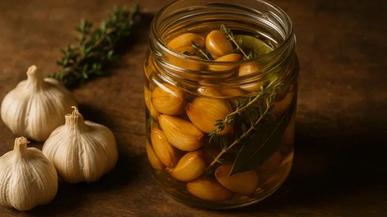 Ail confit au four dans l’huile d’olive, gousses dorées en bocal avec thym et laurier