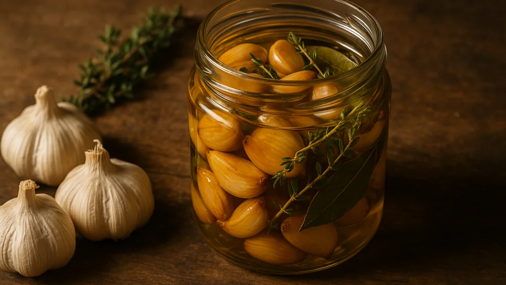 Ail confit au four dans l’huile d’olive, gousses dorées en bocal avec thym et laurier