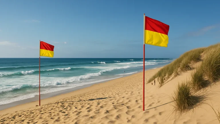 À Biscarrosse Plage, zone de baignade balisée par les drapeaux rouge-jaune, face aux dunes landaises et à l’Atlantique.
