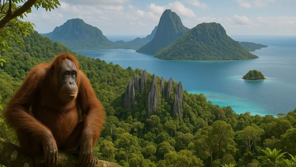 Bornéo : où voir la faune, quels parcs et quelles îles 1 Bornéo — forêt tropicale, orang-outan en observation, pics calcaires et lagons de Sipadan en arrière-plan