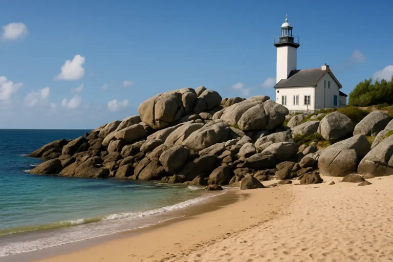 Plage de Brignogan avec rochers de granit et phare de Pontusval sous ciel clair.