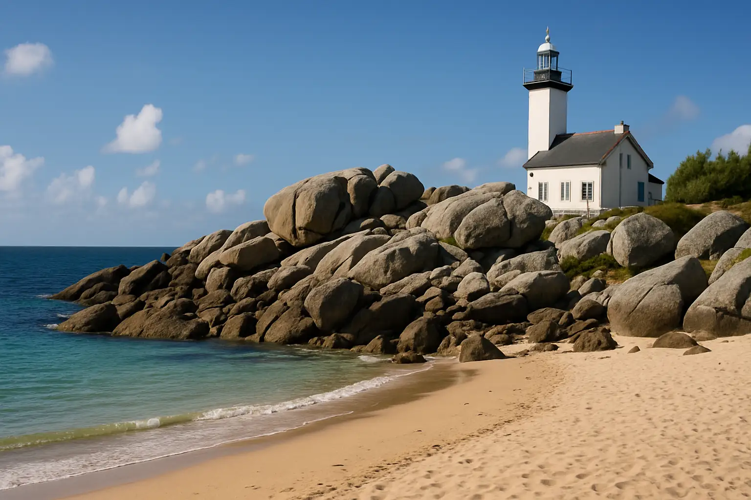 Plage de Brignogan avec rochers de granit et phare de Pontusval sous ciel clair.