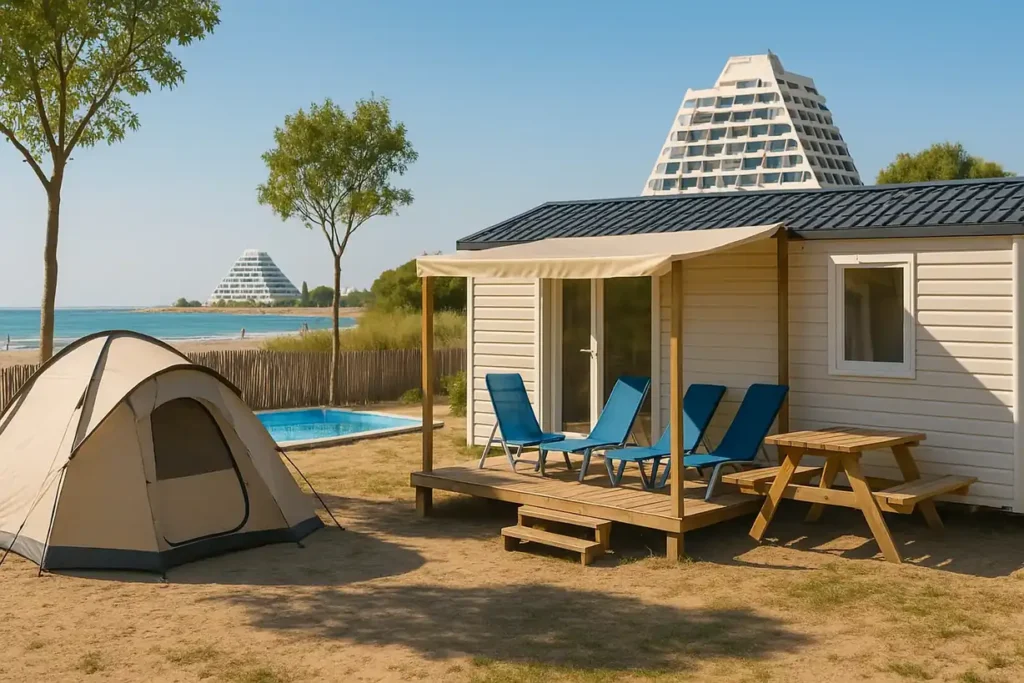Camping à La Grande-Motte près de la plage, mobile-home moderne et tente sous ciel bleu.