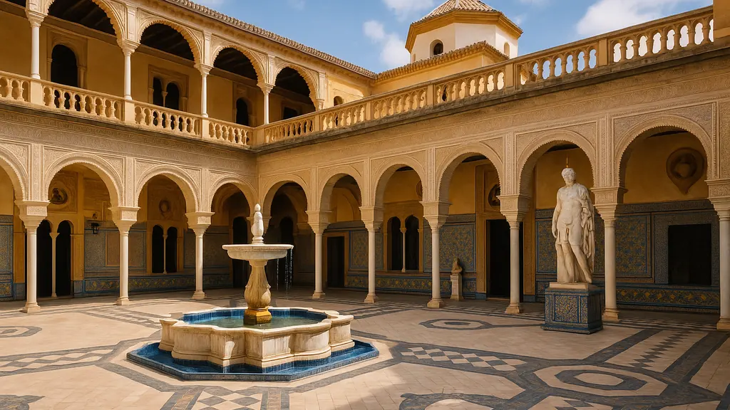 Casa de Pilatos Séville : horaires, billets et visite 1 Patio principal de la Casa de Pilatos, fontaine centrale, azulejos sévillans et arcades Renaissance sous ciel bleu.
