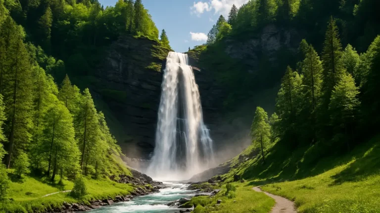 Cascade du Rouget en Haute-Savoie, chute puissante, rivière turquoise et forêt alpine au soleil.
