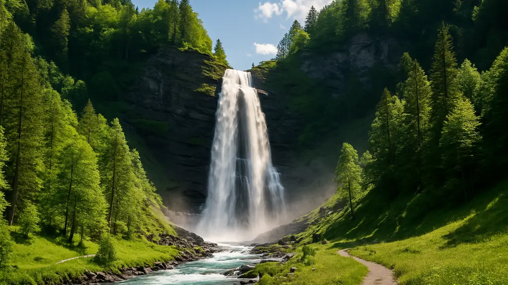 Cascade du Rouget en Haute-Savoie, chute puissante, rivière turquoise et forêt alpine au soleil.
