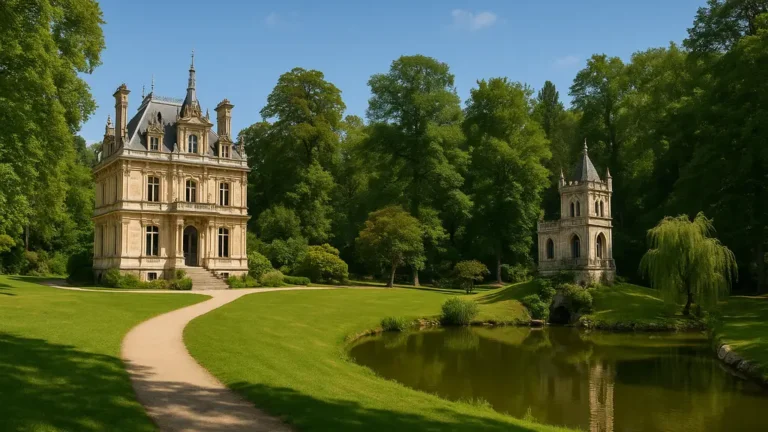 Château de Monte-Cristo au Port-Marly, façade néo-Renaissance et pavillon Château d’If reflétés dans l’étang.