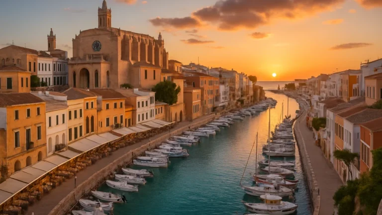 Ciutadella de Menorca au coucher du soleil, cathédrale et port ancien bordé de bateaux.