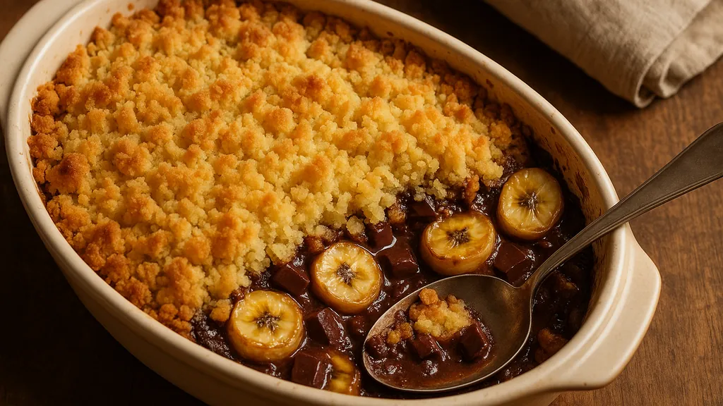 Crumble chocolat banane doré au four, bananes fondantes et morceaux de chocolat sous pâte sablée croustillante.