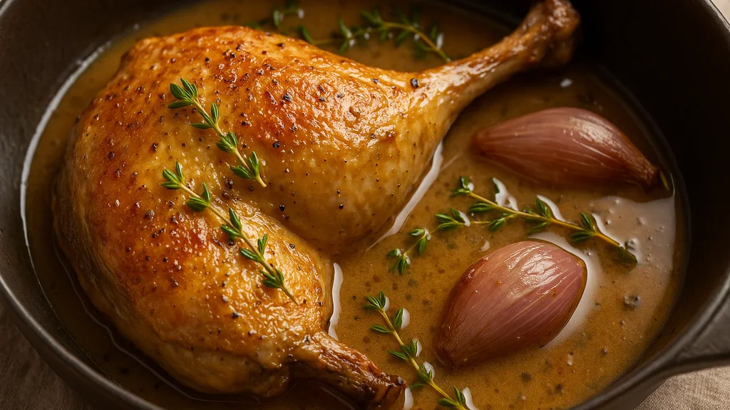 Cuisse de pintade rôtie en cocotte, peau dorée, échalotes et thym dans une sauce au jus.