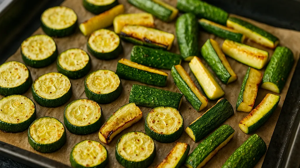Courgettes au four rôties : rondelles et bâtonnets dorés sur plaque, bords croustillants, chair tendre.