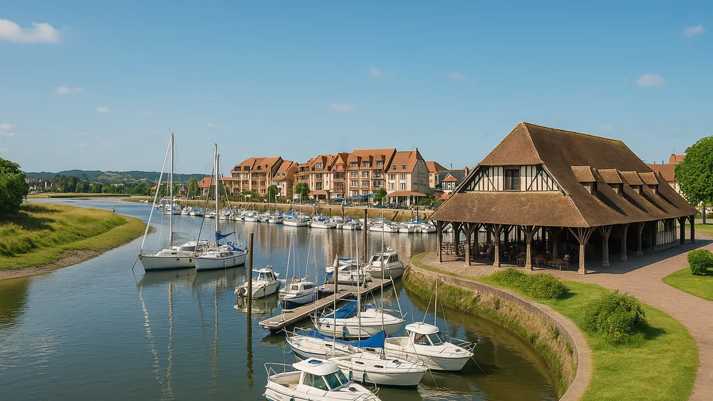 Dives-sur-Mer : marché du samedi, Port Guillaume et patrimoine 1 Port Guillaume à Dives-sur-Mer, bateaux amarrés sur l’estuaire, halle à colombages et promenade sous ciel bleu.