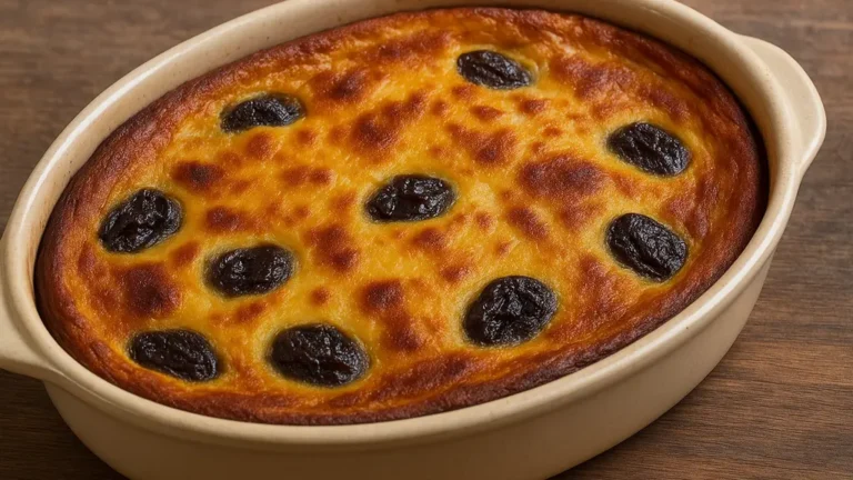 Recette far aux pruneaux : la version bretonne moelleuse 4 Far breton aux pruneaux dans un plat en céramique, surface dorée et pruneaux visibles