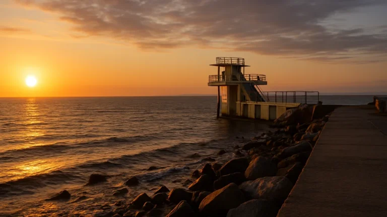 Galway (Irlande) : que voir en 2-4 h ou une journée 3 Coucher de soleil sur Galway à Salthill, Blackrock Diving Tower et Atlantique, ambiance bord de mer.