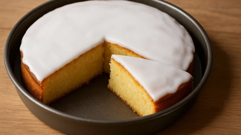 Recette gateau nantais : amande, sirop au rhum et glaçage 3 Gâteau nantais imbibé au rhum, glaçage blanc lisse, part découpée dans le moule
