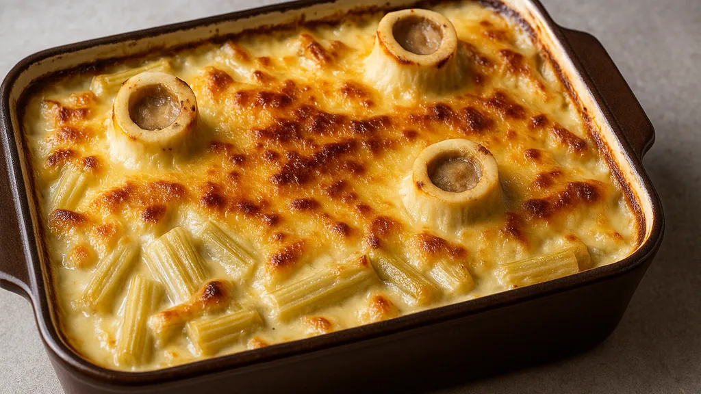 Gratin de cardons : la recette lyonnaise (classique & à la moelle) 1 Gratin de cardons lyonnais : cardons fondants sous béchamel, croûte de gruyère dorée, os à moelle visibles