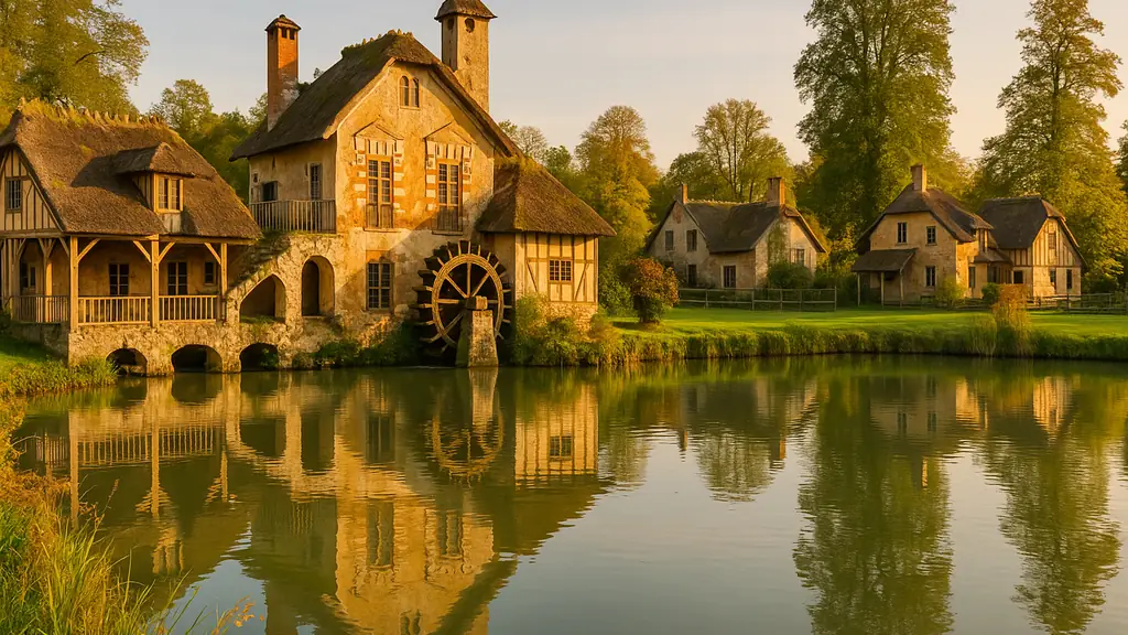 Hameau de la Reine : visite, accès, horaires & billets 1 Hameau de la Reine à Versailles, chaumières, moulin et lac paisible sous une lumière dorée.