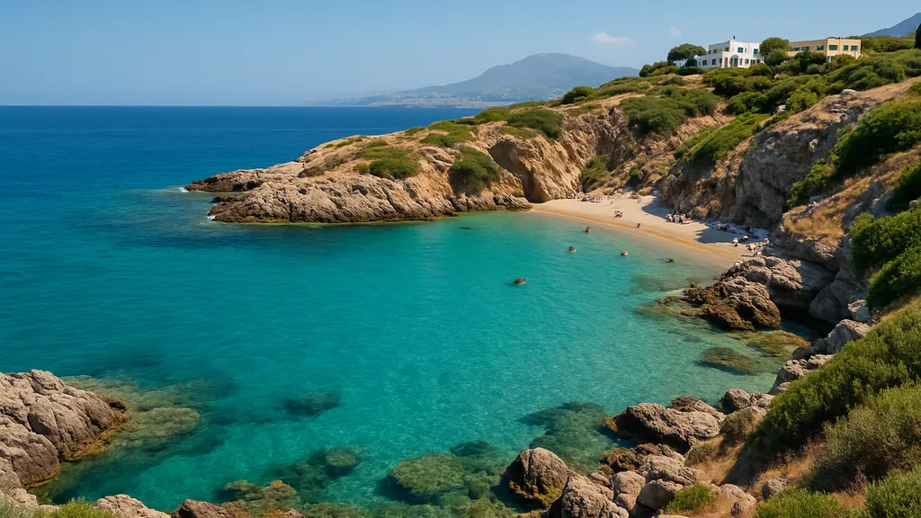 Crique turquoise de Hersonissos en Crète, plage de sable doré entre rochers, ciel clair et lumière estivale.