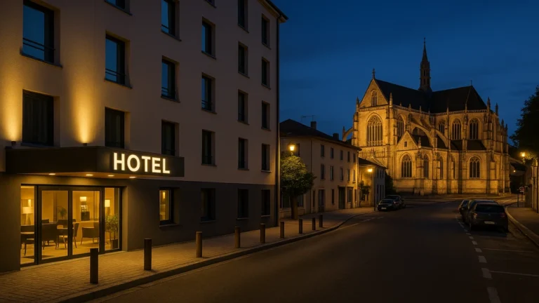 Hôtel moderne à Bourg-en-Bresse au crépuscule, rue calme près d’un monument éclairé.