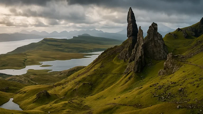 Île de Skye – le guide pratique pour organiser votre visite 5 Old Man of Storr sur l’île de Skye, reliefs verts, lochs et lumière dramatique d’Écosse.