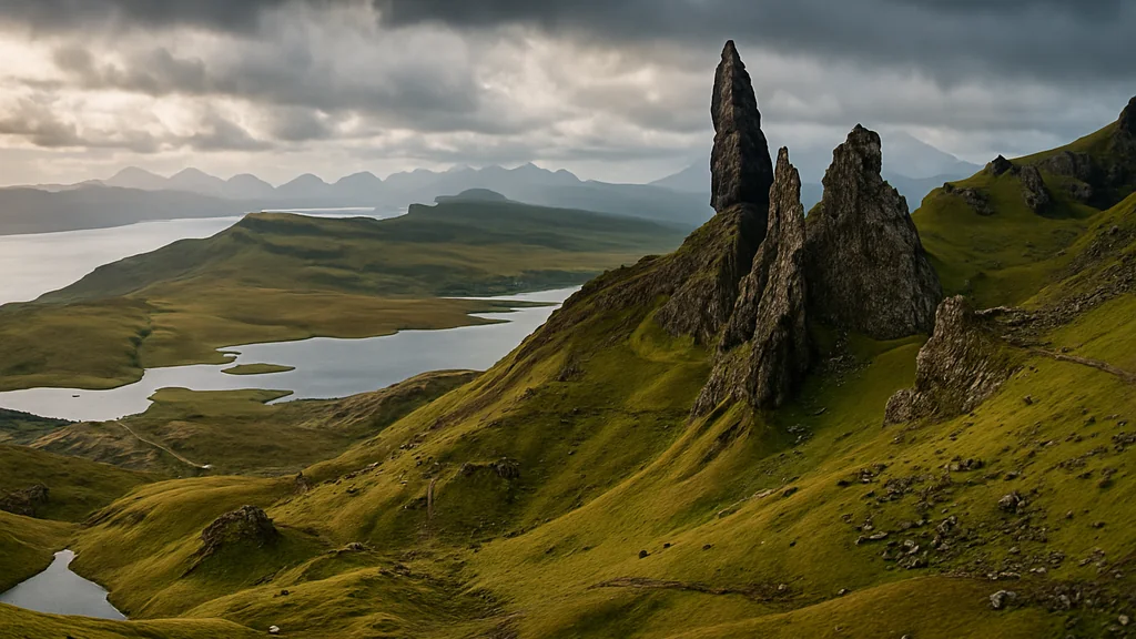 Old Man of Storr sur l’île de Skye, reliefs verts, lochs et lumière dramatique d’Écosse.