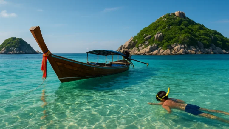 Ko Tao, long-tail boat et snorkeler dans une eau turquoise, îlots verdoyants en arrière-plan paisible.