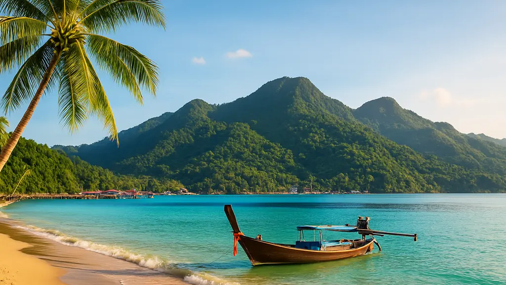 Koh Chang : guide complet pour préparer votre séjour 1 Plage de Koh Chang avec long-tail boat, eau turquoise et montagnes couvertes de jungle sous un ciel limpide.