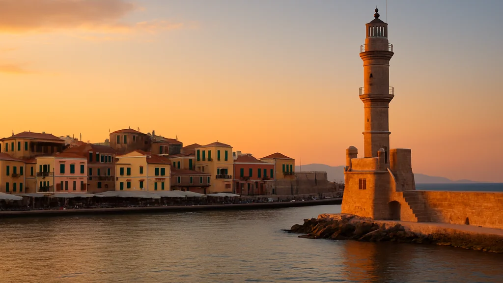 La Canée (Crète) : l'essentiel à voir en 2–4 h ou une journée 1 La Canée au coucher du soleil, phare vénitien et façades pastel autour du Vieux port.