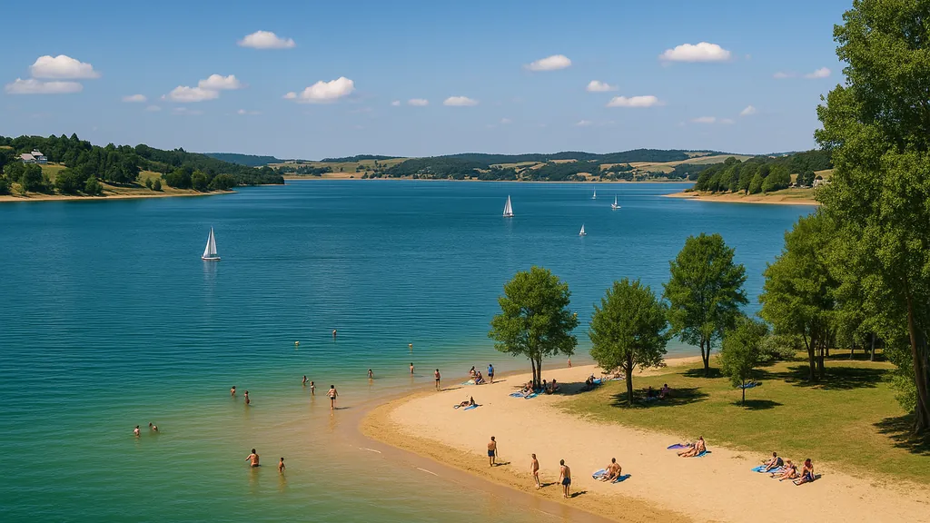 Lac de Pareloup : plages, baignade et activités incontournables 1 Plage du lac de Pareloup, baigneurs et voiliers sur eaux turquoises, collines verdoyantes en arrière-plan.