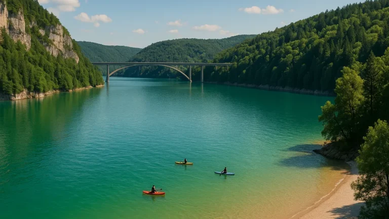 Le lac de Vouglans turquoise, falaises boisées et pont de la Pyle sous un ciel clair.