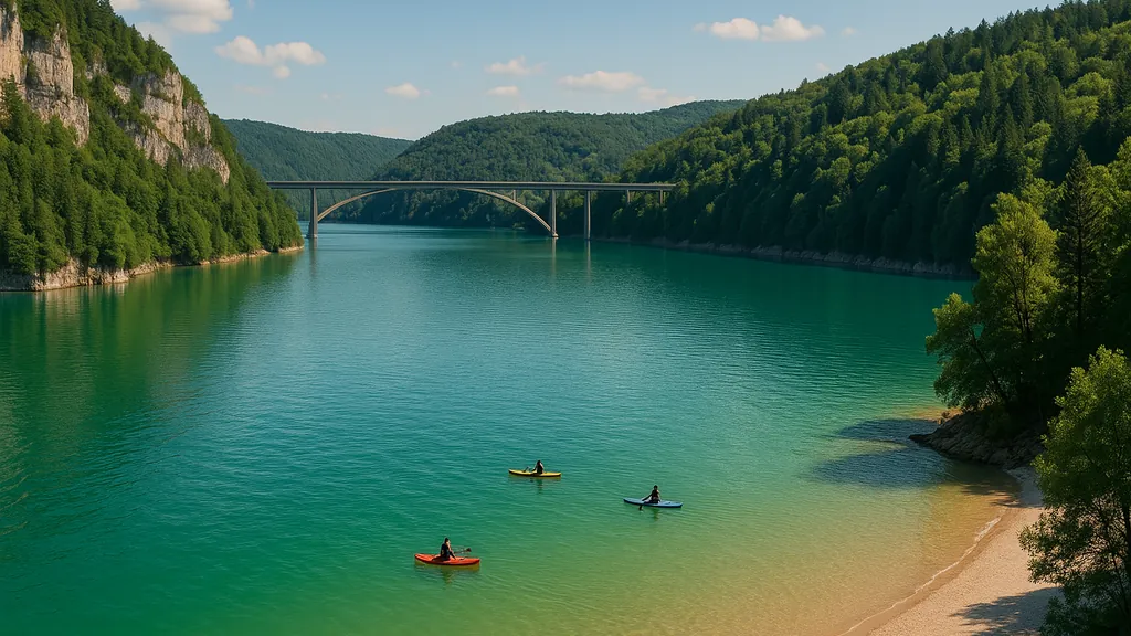Le lac de Vouglans turquoise, falaises boisées et pont de la Pyle sous un ciel clair.