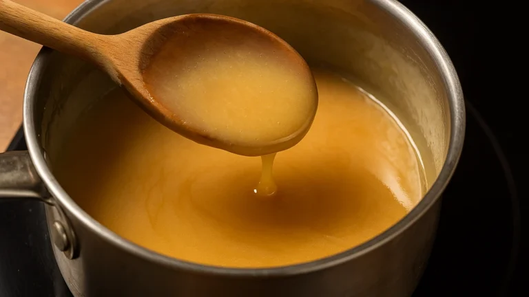 Recette lait concentré sucré : ratios fiables & texture parfaite 2 Lait concentré sucré maison en cuisson lente dans une casserole, texture sirupeuse dorée sur cuillère en bois