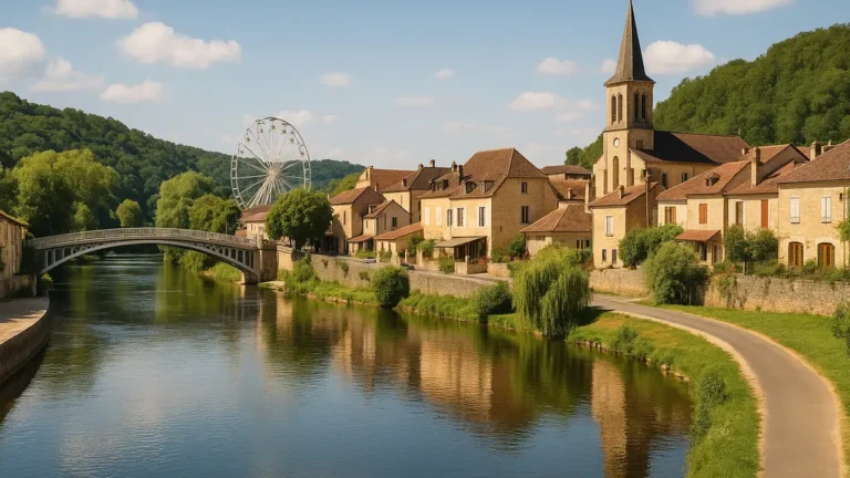 Le Bugue, où les maisons blondes bordent la Vézère sous le pont et la grande roue du Bournat, symbole d’une journée famille réussie au Périgord Noir