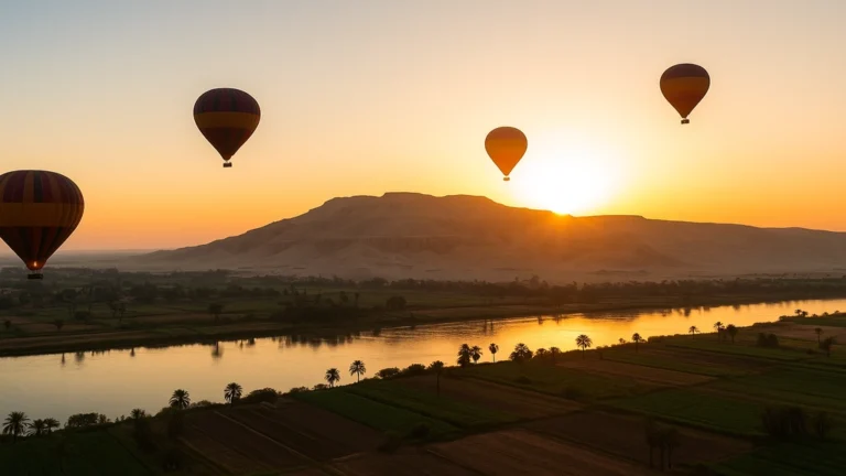 Louxor Égypte au lever du soleil, montgolfières au-dessus du Nil et des falaises thébaines majestueuses.
