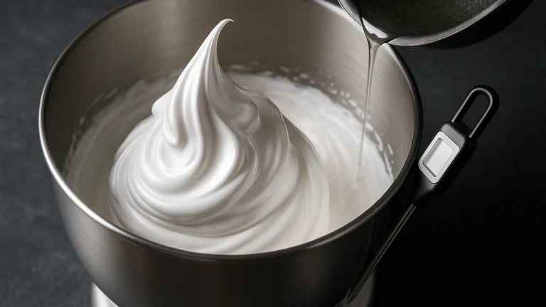 Meringue italienne : la méthode précise (118–121 °C) 8 Meringue italienne brillante au bec d’oiseau, sirop versé dans bol de robot avec thermomètre