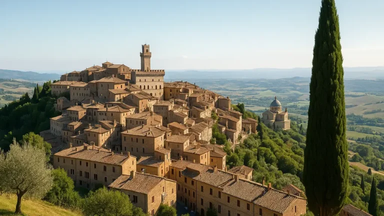 Montepulciano perché sur les collines toscanes, vue claire sur la vieille ville et San Biagio.