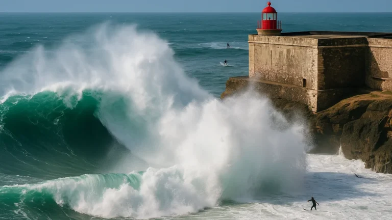 Vagues géantes à Nazaré près du phare São Miguel Arcanjo, surfeurs au large sous vent d’ouest.