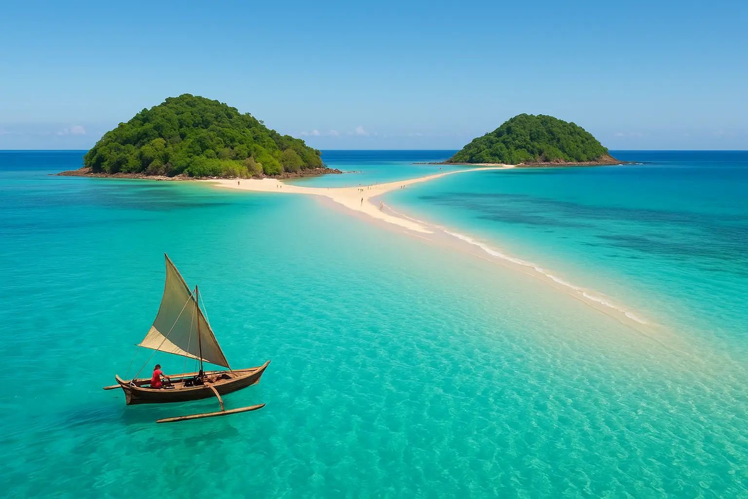 Nosy Be Madagascar – le guide pratique pour bien préparer votre séjour 1 Nosy Be et son banc de sable reliant deux îlots, eaux turquoise et pirogue traditionnelle.