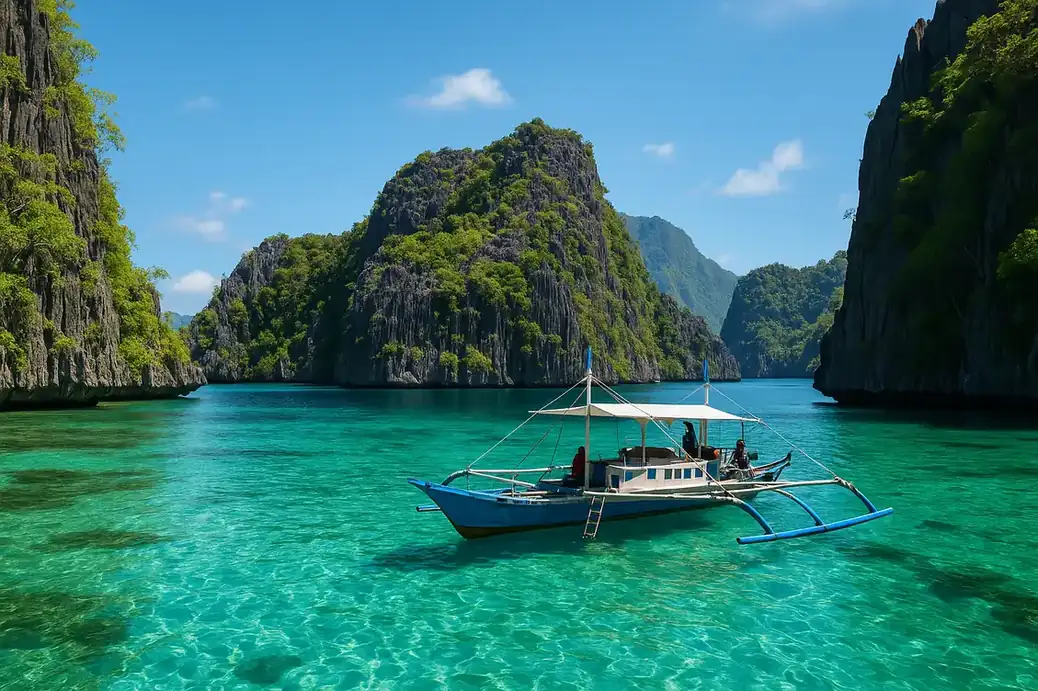 Lagons turquoise de Palawan avec falaises karstiques et bangka au premier plan sous ciel bleu.