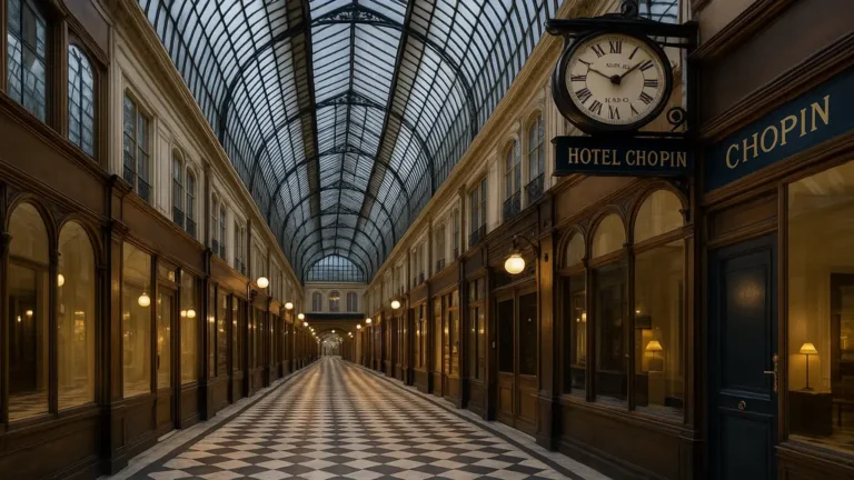 Passage Jouffroy : horaires, accès, entrées & lieux à voir 10 Passage Jouffroy sous verrière, sol en damier et entrée de l’Hôtel Chopin, ambiance XIXe élégante.