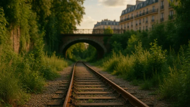 Voie ferrée de la Petite Ceinture à Paris, rails rouillés bordés de verdure menant vers un pont en brique, ambiance urbaine végétalisée au coucher du soleil