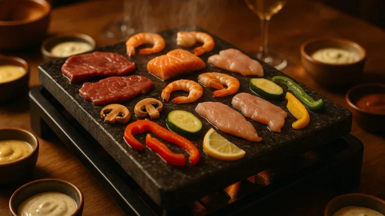 Pierrade : la recette conviviale et les bonnes techniques 9 Pierrade conviviale : pierre chaude avec viandes, poissons, crevettes et légumes, sauces autour