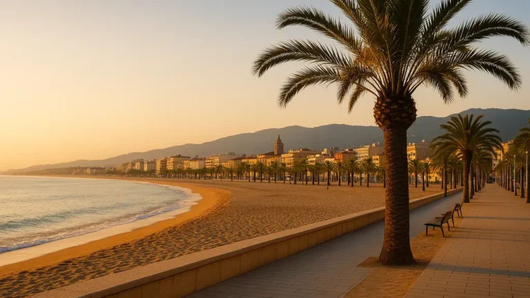 Pineda de Mar au lever du soleil, promenade bordée de palmiers et grande plage dorée tranquille.